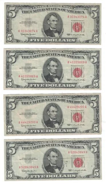 1963 $ 5 Five Dollars Red Seal Fr.1536/ Price For Each Note.