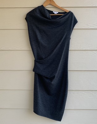 Helmut Lang Womens Sleeveless Asymmetrical Dress Gray Wool  Sz M Draped Raw Hem