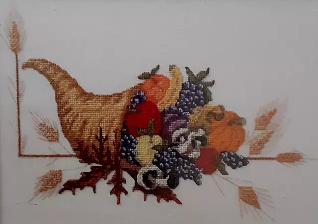 Cross Stitch Pattern BOUNTIFUL HARVEST Cornucopia Basket Wheat Thanksgiving Leaf