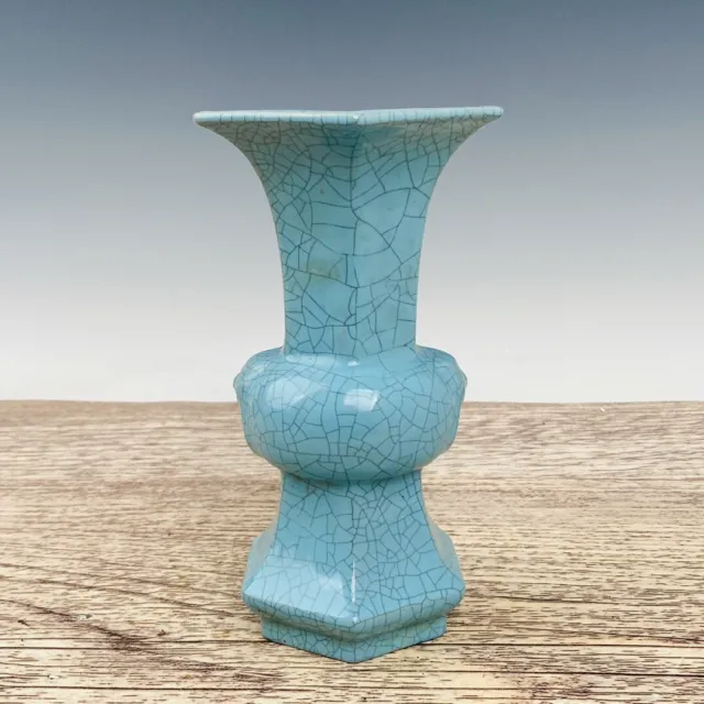 8.7" China old Song dynasty Porcelain ru kiln mark Blue six edge Beast head vase