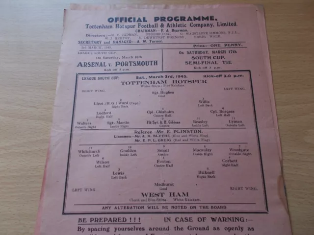 Tottenham v West Ham Lge South Cup programme dated 3-4-1945   (ToT024)