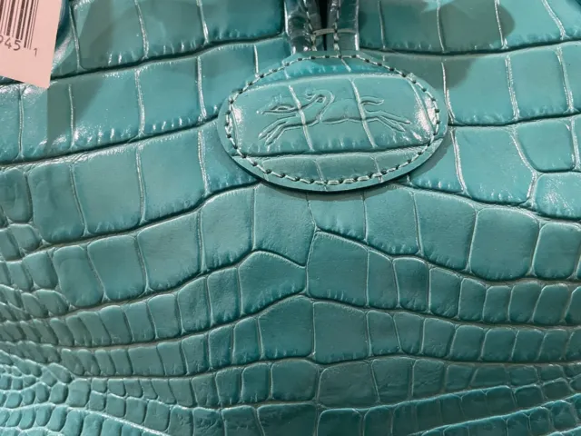 NWT Authentic Longchamp Roseau Croc Embossed Leather Tote Bag Turquoise 10