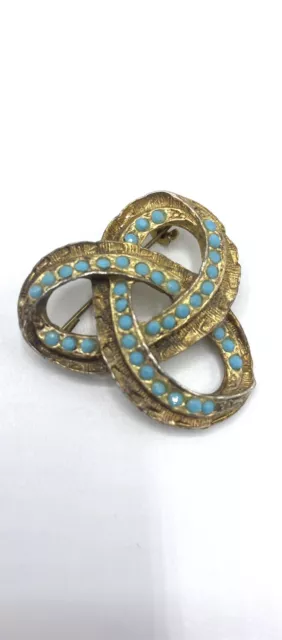 Alte Brosche Dreifacher Knoten Vintage Handgefertigt Goldfarben Türkise Steine