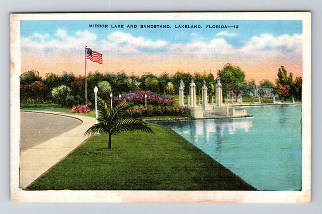 Lakeland FL- Florida, Mirror Lake & Bandstand, , Vintage Postcard