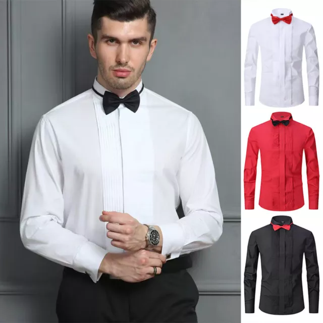 Mens French Cuff Tuxedo Shirt Pleated Tip Collar Evening Party Shirt Wedding Top