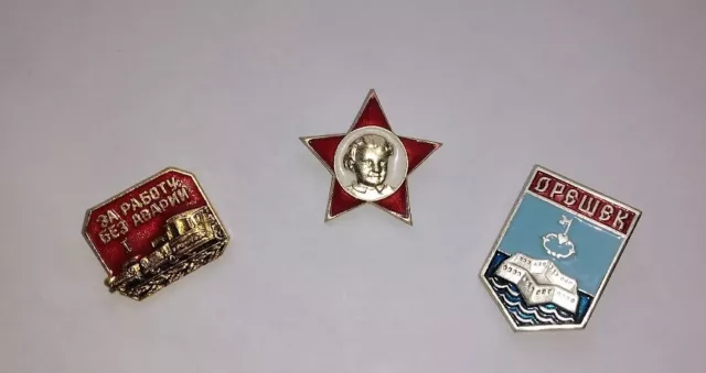 3 Vintage USSR Pin Badges Work Without Accident, Red Star Little Octobrist, +1