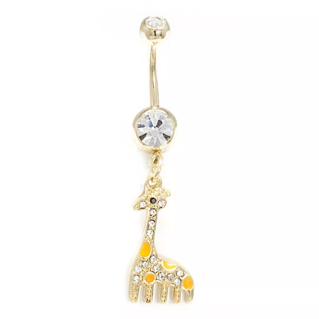 Belly Button Ring 14G Dangle Gold IP Giraffe Clear CZ Gem Navel Piercing Jewelry
