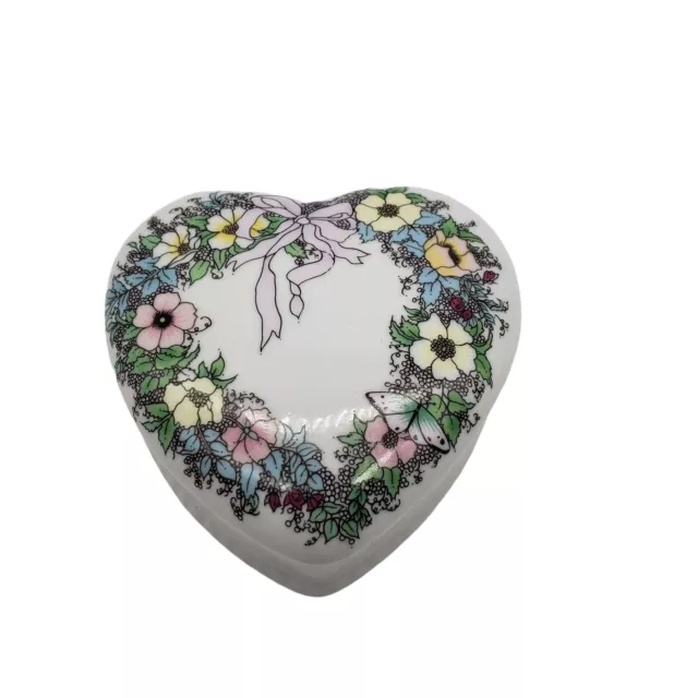 Small Heart Shaped Trinket Jewelry Box White Pastel Colored Flowers 3" Ceramic