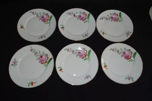 KPM Germany 6 Salad Plates 7 5/8" -Large Pink Rose w/ Red -Smooth Edge