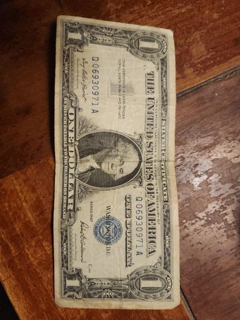 1957 One Dollar Blue Seal Note Silver Certificate Old US Bill 1 Money