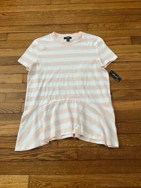 Lord & Taylor Womens Shirt Sz Petite Medium Peach Pink Striped Flare Blouse NWT