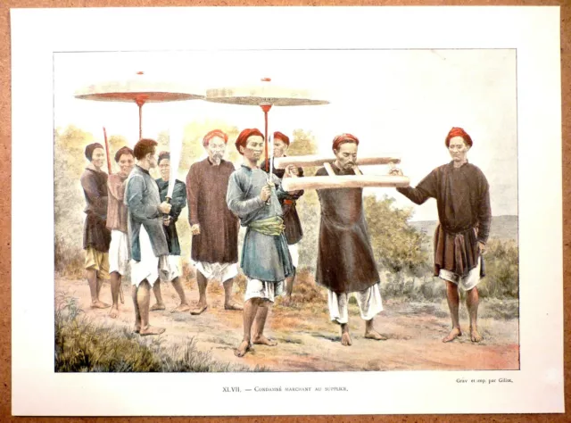 TONKIN Condamné marchant au supplice - Photochromie fin 19ème  gravure  Vietnam