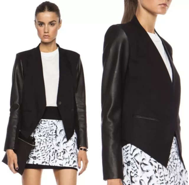 Helmut Lang Smoking Wool Leather Sleeve Cropped Tuxedo Blazer Black Size 0