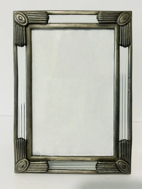 Vtg Art Deco Silver Pewter/Fluted Glass Easel Back Picture Photo Frame