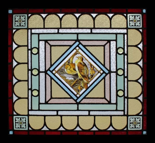 Rare Painted Birds On The Nest Antique English Stained Glass Window