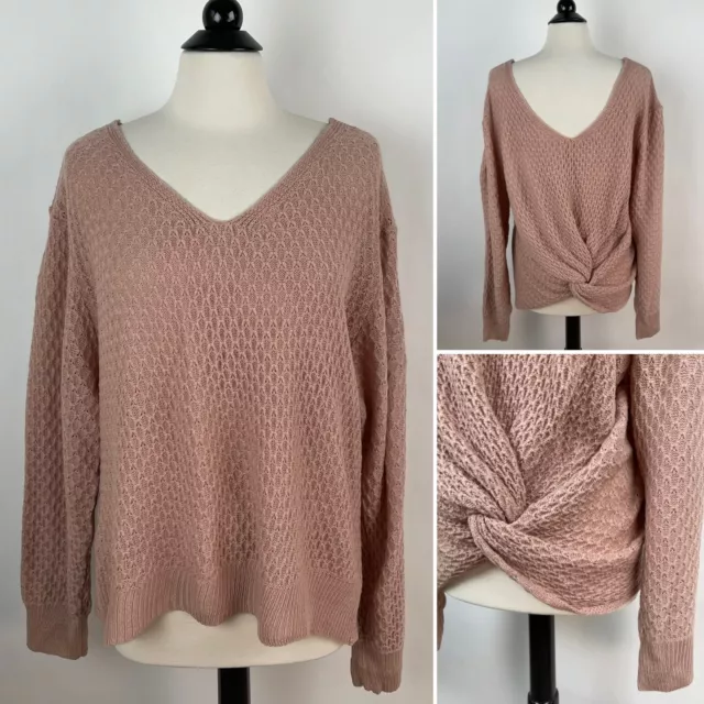Shein Curve Twist Back V-neck Sweater 3XL 3X 18 Plus Pink Beige Soft Honeycomb