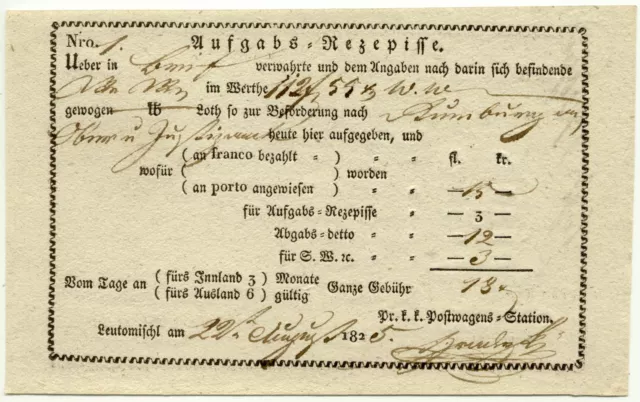 Sehr alte Postmeister-Rezepisse 1825 Leutomischl Böhmen dekorativ