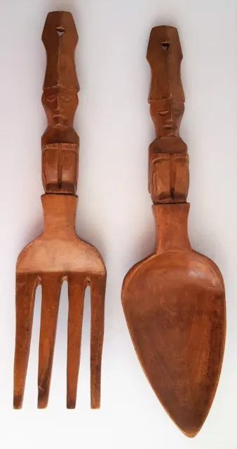 Midcentury Wooden Fork Spoon Hand Carved Wall Hanging Retro Tiki Island Decor