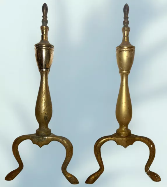 Pair of Antique Fireplace ANDIRONS Brass Firedogs 17.5” Tall