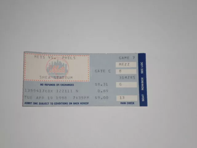 NY Mets vs Phillies MLB Ticket Stub 1988-Shea Stadium-NY-Mike Schmidt 3 Hits