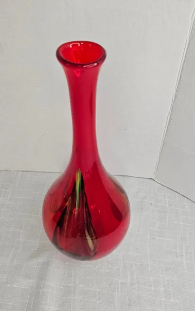 Vintage Pier 1 Imports Red Hand Blown Art Glass Vase With Vibrant Colored  15 in