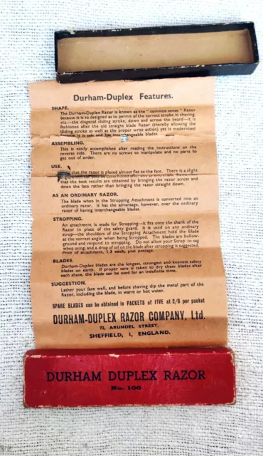 Vintage Emballé Durham Duplex Rasoir Numéro 100 Sheffield England 1911 Complet 3