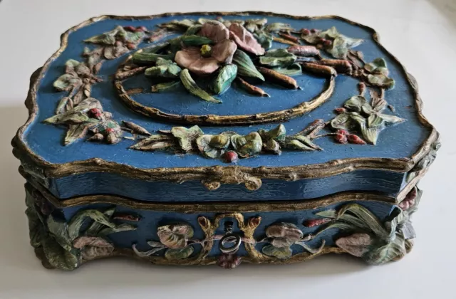 Ancien Coffret en bois Boite à bijoux décor de fleurs 19 ème