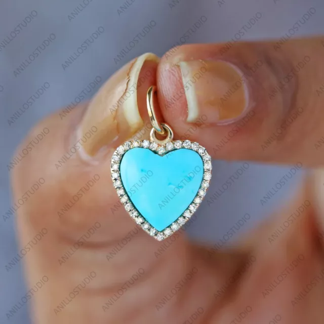 Turquoise Heart and Natural Diamond Halo Charm in Solid 14k Yellow Gold Pendant