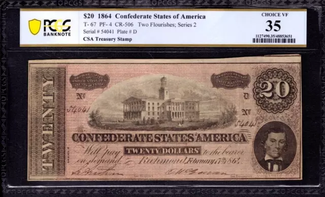 1864 $20 Confederate States Of America Note T-67 Pf-4 Pcgs B Choice Vf 35