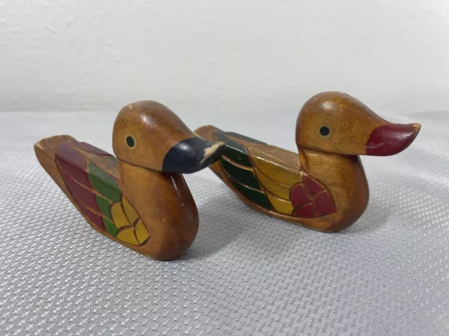 Vintage Hand Painted Carved Mini Wooden Duck Decoy Figurine 4.5" Lot Of 2