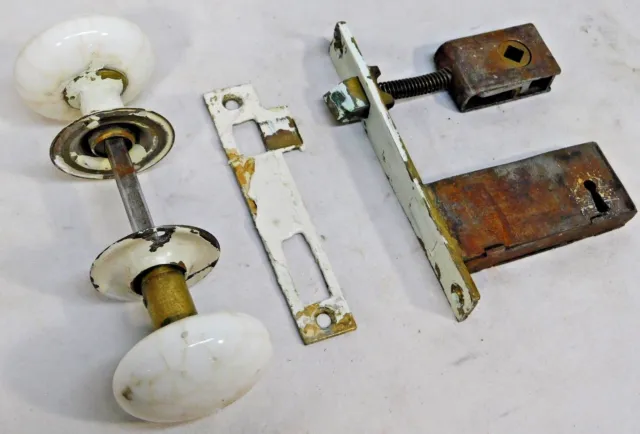 1800's Brass Antique DOOR Lockset MILK GLASS Italianate Era 1870 Original ORNATE 3
