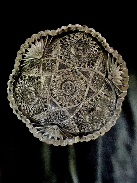 American Brilliant Cut Glass 8” Bowl, Nice Design With Fans, Hobstars, & Caning