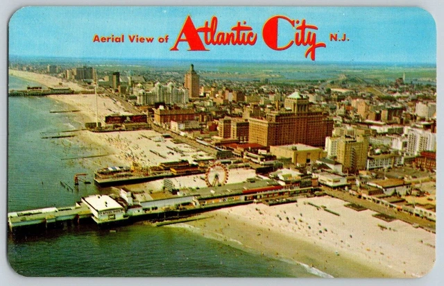 Postcard~ Aerial View~ Beach, Boardwalk, Piers, Hotels~ Atlantic City, NJ