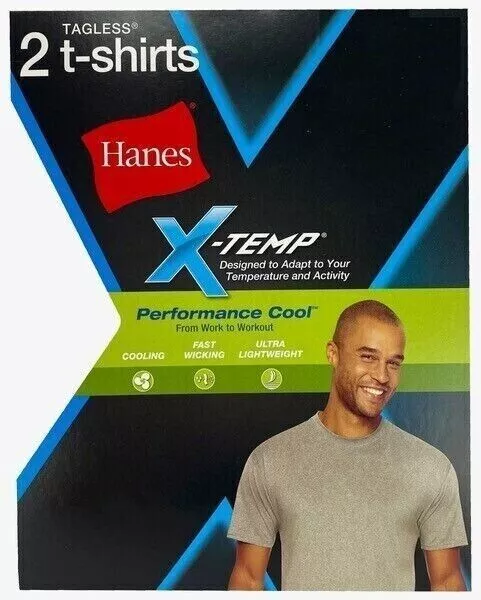 Hanes Mens Short Sleeve T-Shirts X-Temp Tagless Wicking 2 Pack 2XL Gray & Blue