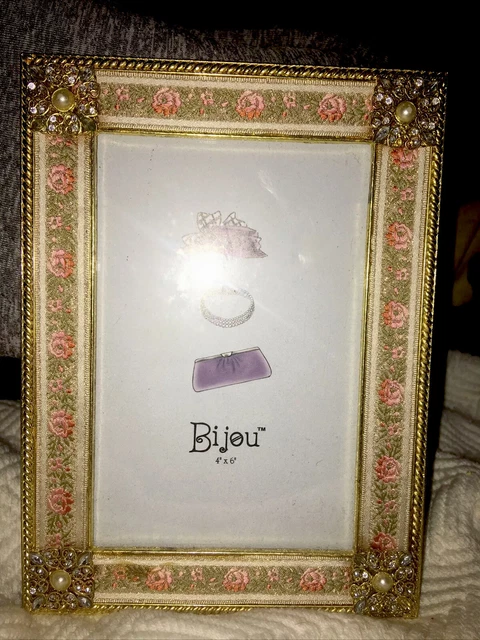 BiJou Bella Lux Frame Floral Genuine Crystal Embellished Gold W/ribbon 4x6 New