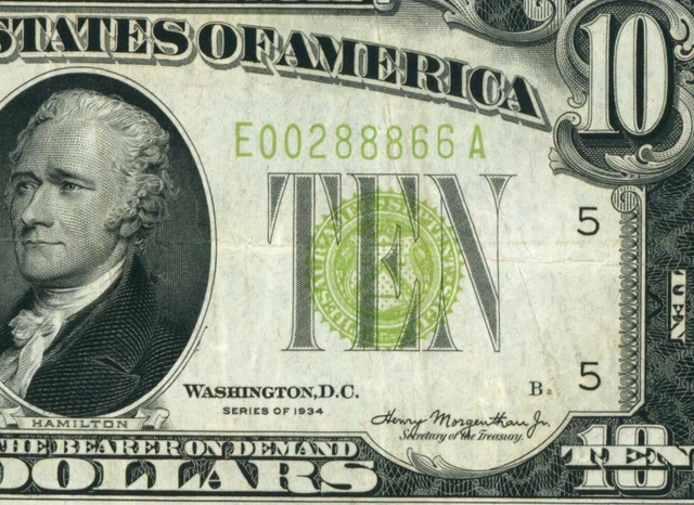 $10 1934 LGS LIME ((LIGHT GREEN SEAL)) Federal Reserve Note ** DAILY CURRENCY