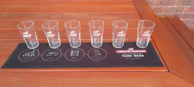 Free Bar Mat With Set Of 6 New 570Ml Carlton Draught Beer Pints Glasses