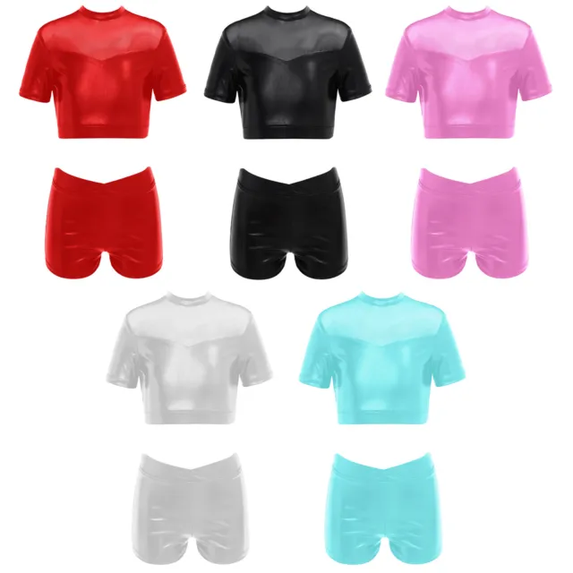Kids Girls Latin Sets Mesh Crop Top Stretchy Shorts Gym Dance Outfit Tracksuit