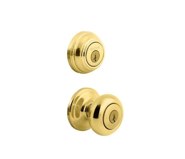 Kwikset Juno Polished Brass Entry Door Knob & Deadbolt Combo SmartKey 99910-032