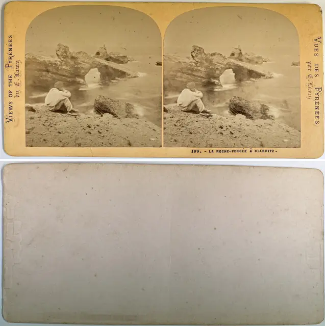 France, Vues des Pyrénées, La Roche-Percée in Biarritz Vintage Stereo Card, Shooting