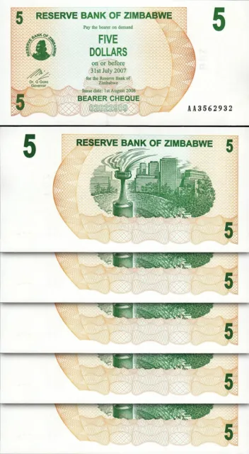 Zimbabwe 5 Dollars 2006 2007, UNC, 5 Pcs LOT, Consecutive, P-38, Bearer Cheque