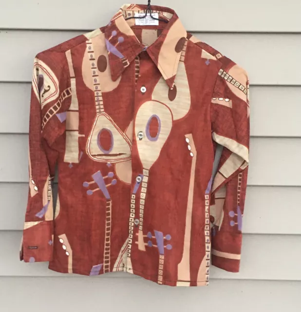 VINTAGE Boys Polyester Disco Shirt String Instruments Graphic Sz 8
