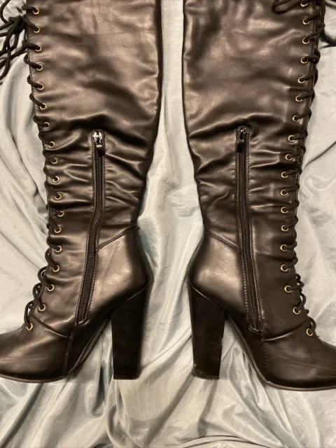 KNEE HIGH BLACK Leather Look Boots Lace Up And Side Zip 36 U.K. 3 £2.00 ...