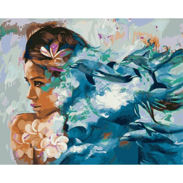 Girl and Dolphin Oil Paint By Numbers Kit DIY Frameless Drawing for Adults Home