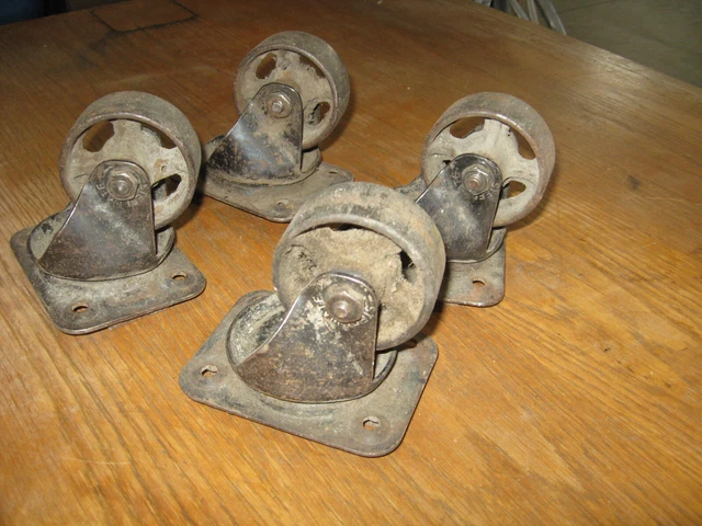 Set of 4 Antique Vintage Large Steel Cast Iron Industrial Swivel Caster Wheels