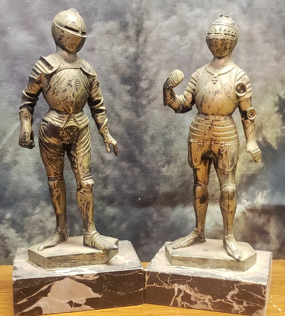 2 Vintage Medieval Knights Figurine Statue Depose Italy Suit Armor Marble Base