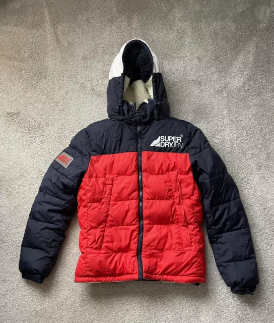 Superdry Puffer Jacket The Mountain Mark Red Blue Sherpa Lined Medium