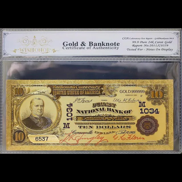 Gold 1902 $10 Ten Dollars Banknote Collectible with Bag & Certificate