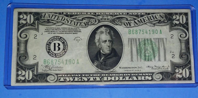 *1934 A $20 ~Frn B- New York! Green Seal, Vf. Fairly Crisp !  Old Us ! Nice !