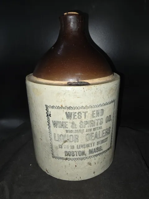 West End Boston Mass - 1 Gal Stoneware Crock Whiskey Jug -  w/ Paper Label